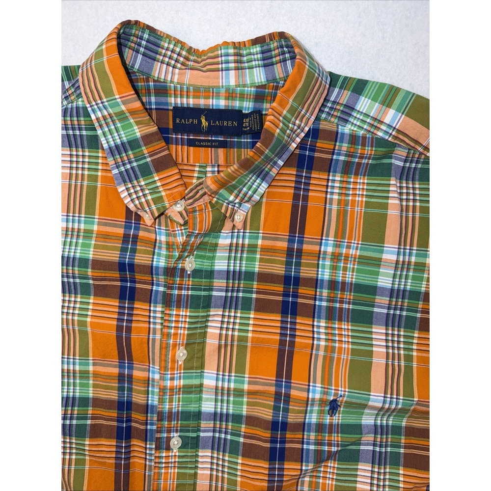 Ralph Lauren Shirt Men Orange Blue Green Sz 4XLT Classic Fit LS  Button Up Plaid